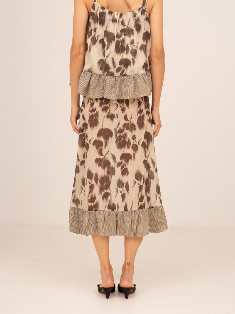 Bouquet Brown Flower Print Midi Skirt