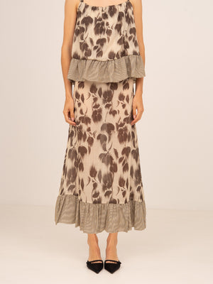 Bouquet Brown Flower Print Midi Skirt
