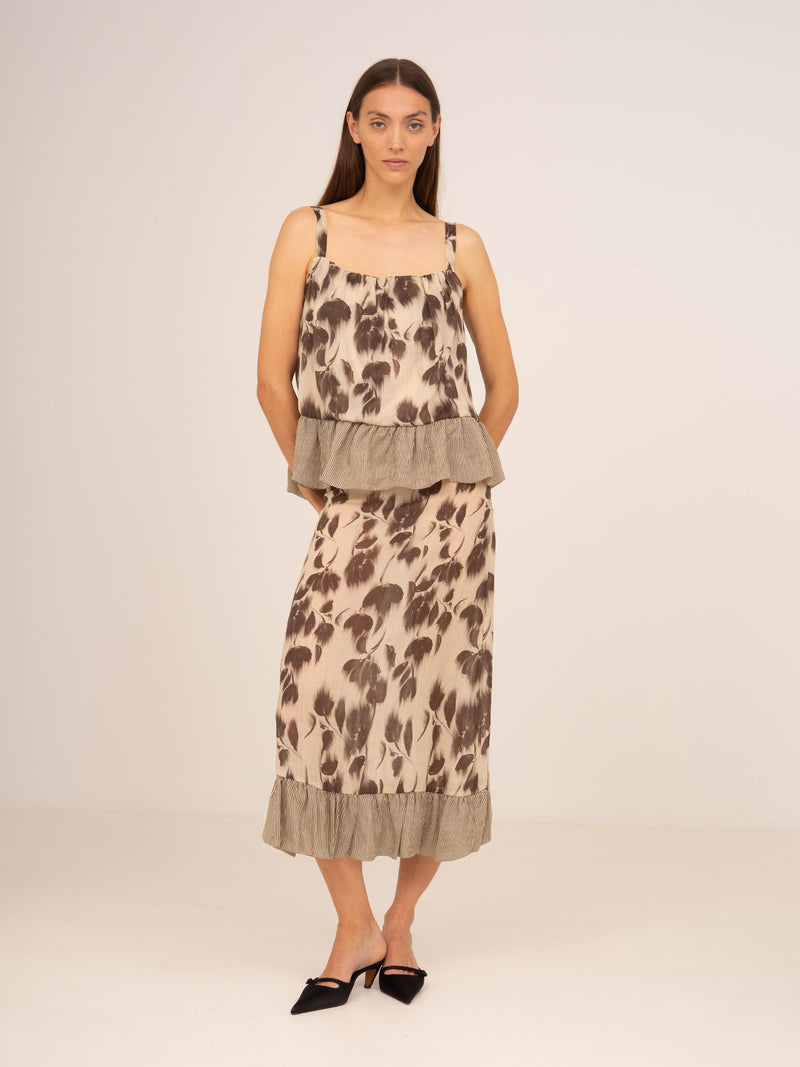 Bouquet Brown Flower Print Midi Skirt