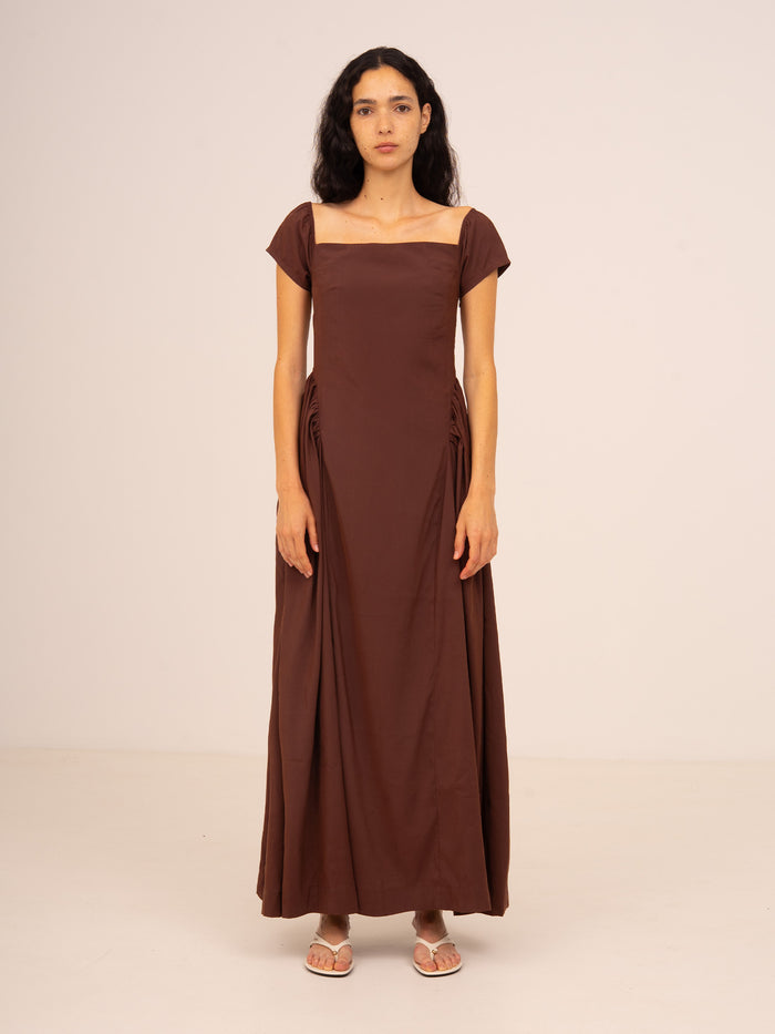 Bruna Off Shoulder Brown Maxi Dress