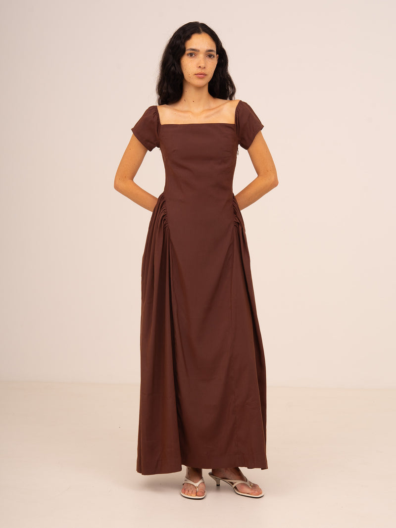 Bruna Off Shoulder Brown Maxi Dress