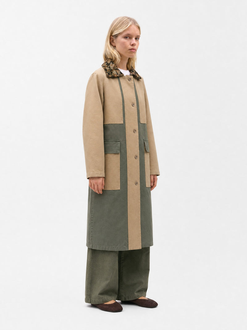 Gaia Khaki Colorblock Floral Collar Coat