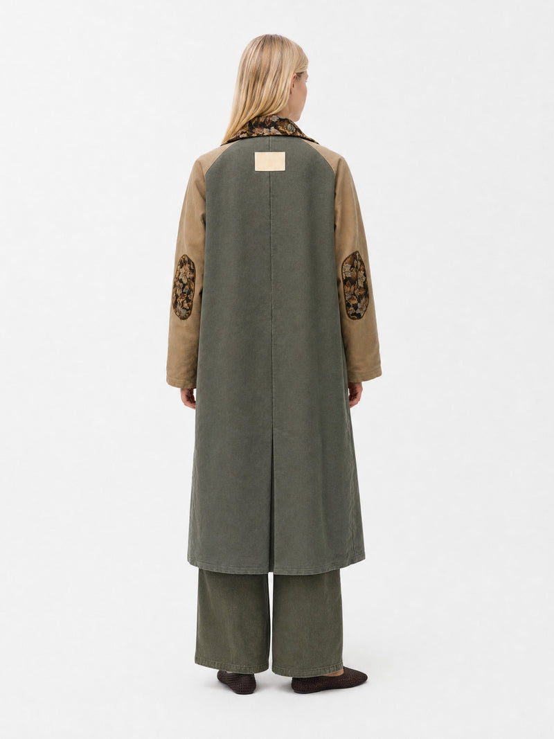Gaia Khaki Colorblock Floral Collar Coat