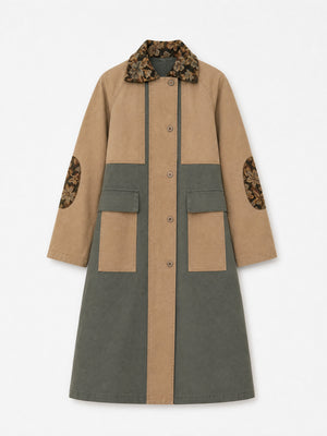 Gaia Khaki Colorblock Floral Collar Coat