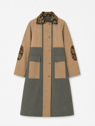 Gaia Khaki Colorblock Floral Collar Coat