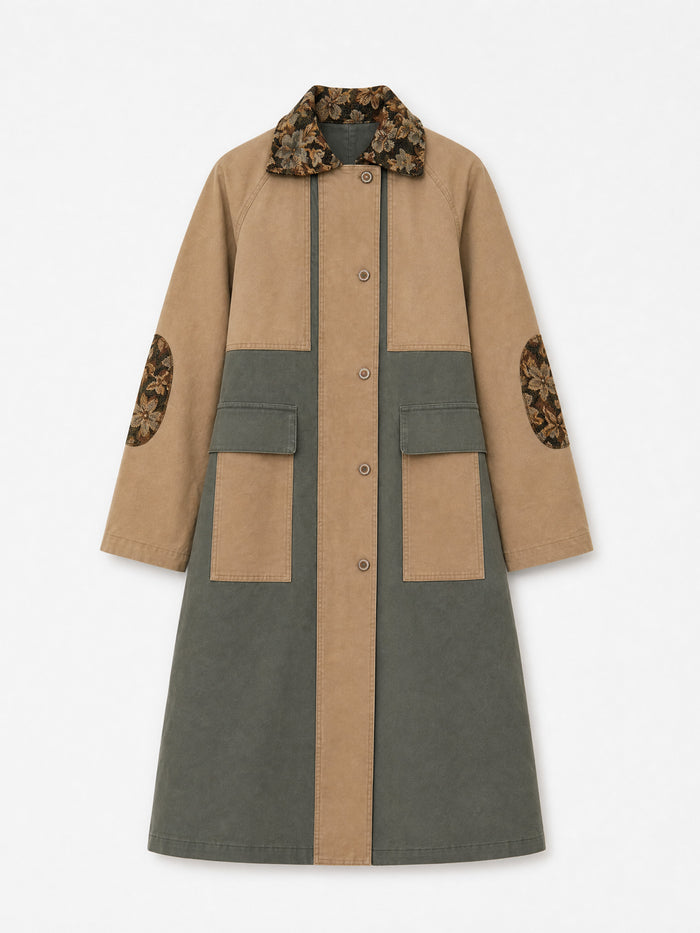 Gaia Khaki Colorblock Floral Collar Coat