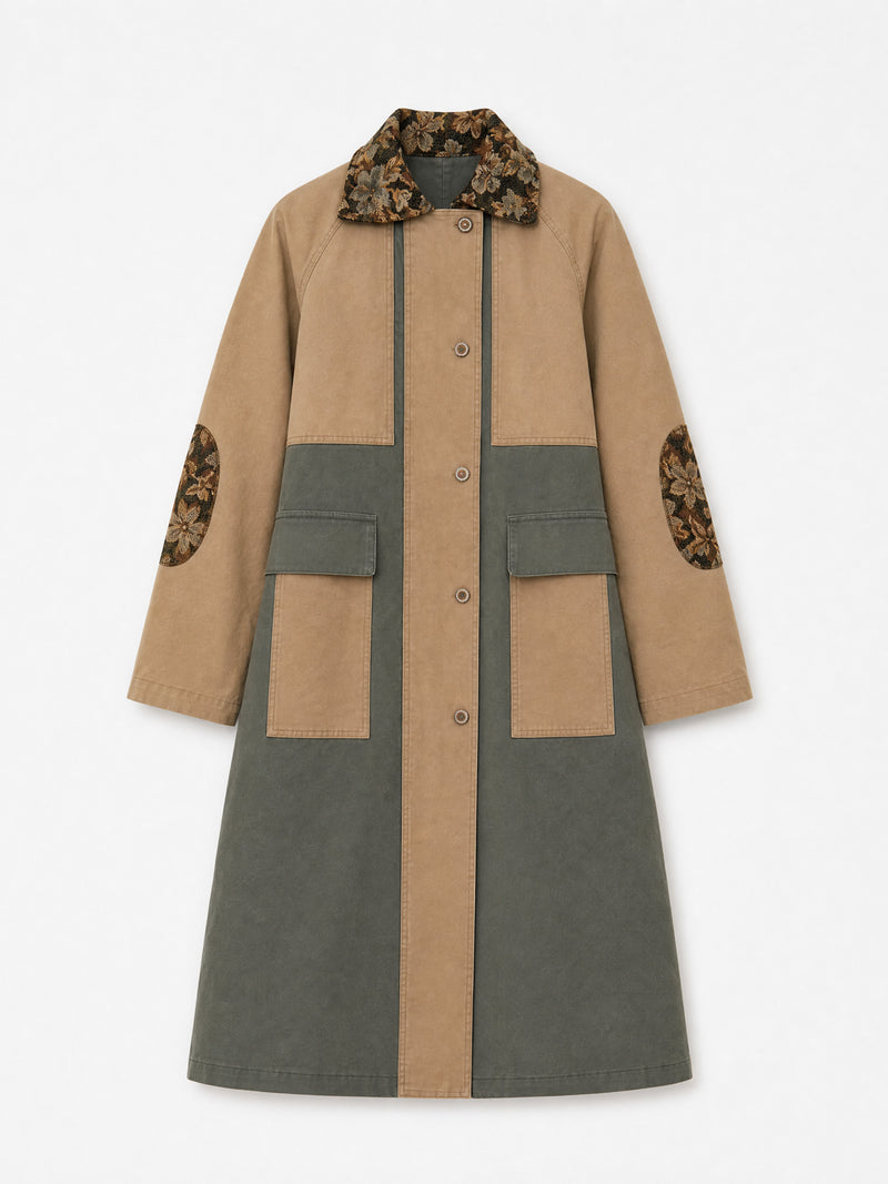 Gaia Khaki Colorblock Floral Collar Coat