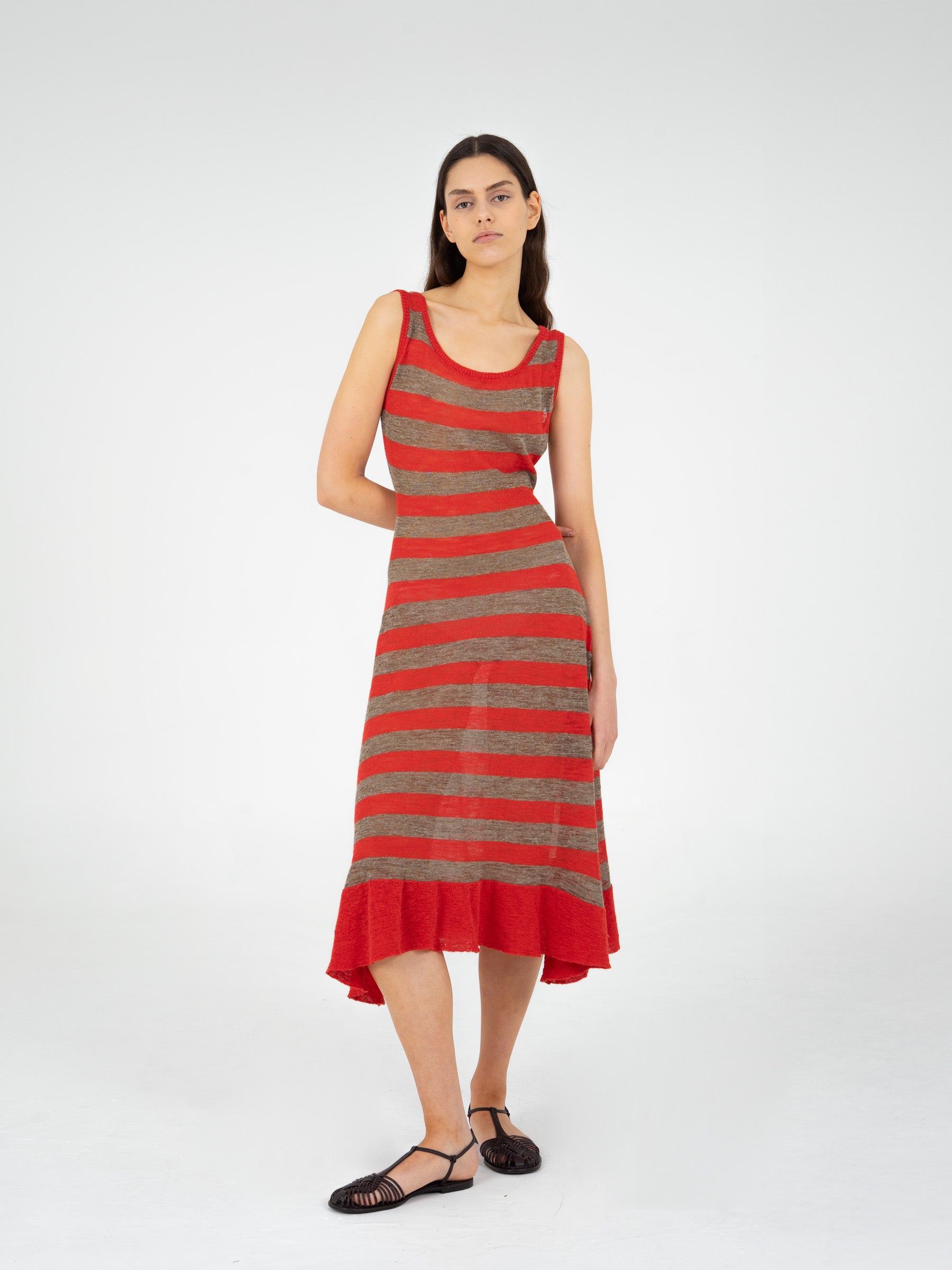 Striped O Neck Knitted Dress Ljusbeige Striped