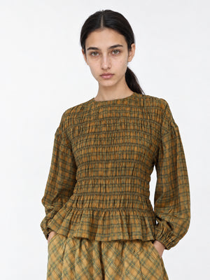 Check Automne Smocked Peplum Blouse