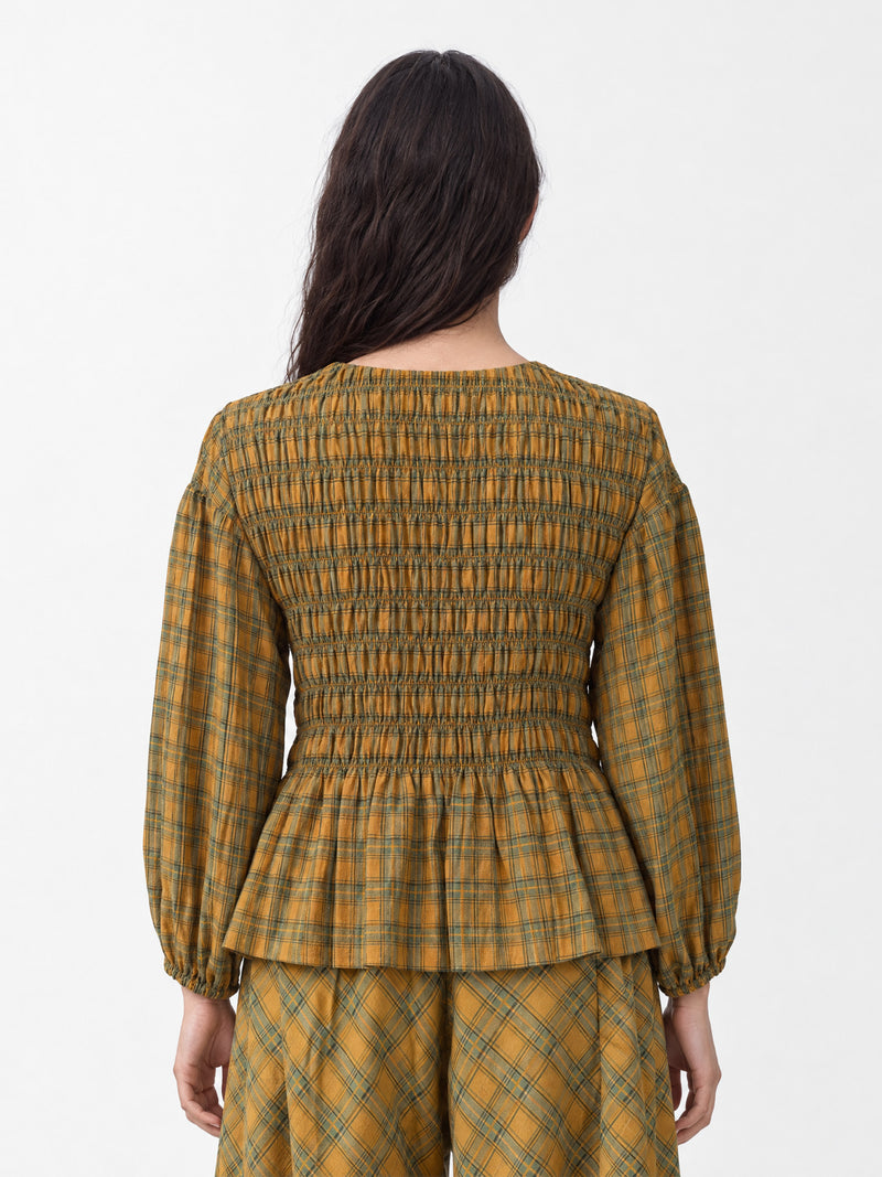 Check Automne Smocked Peplum Blouse