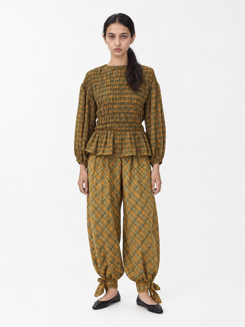 Check Automne Smocked Peplum Blouse
