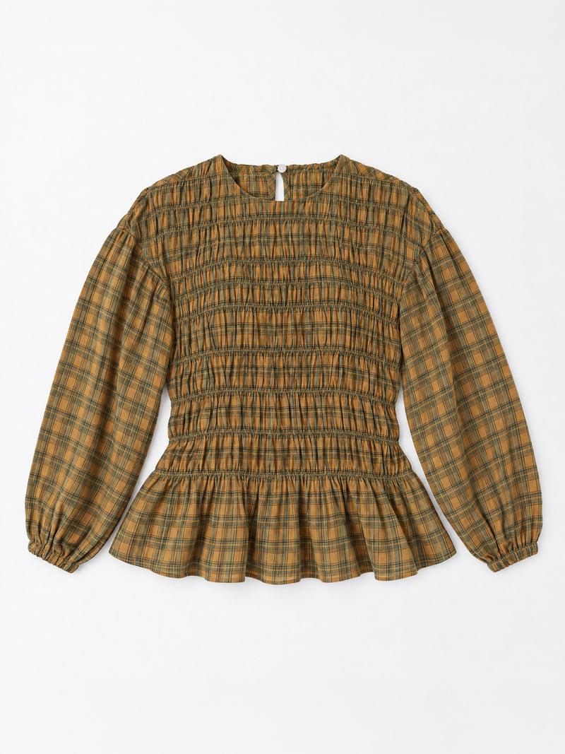 Check Automne Smocked Peplum Blouse