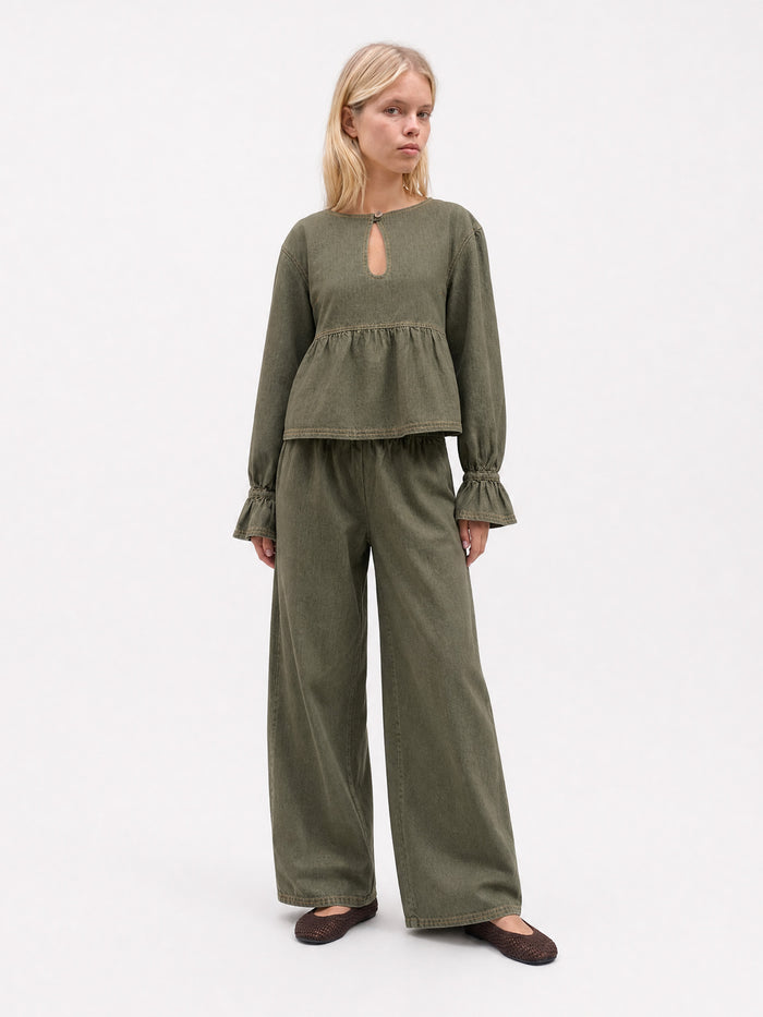 Olive Starlit Denim Peplum Blouse
