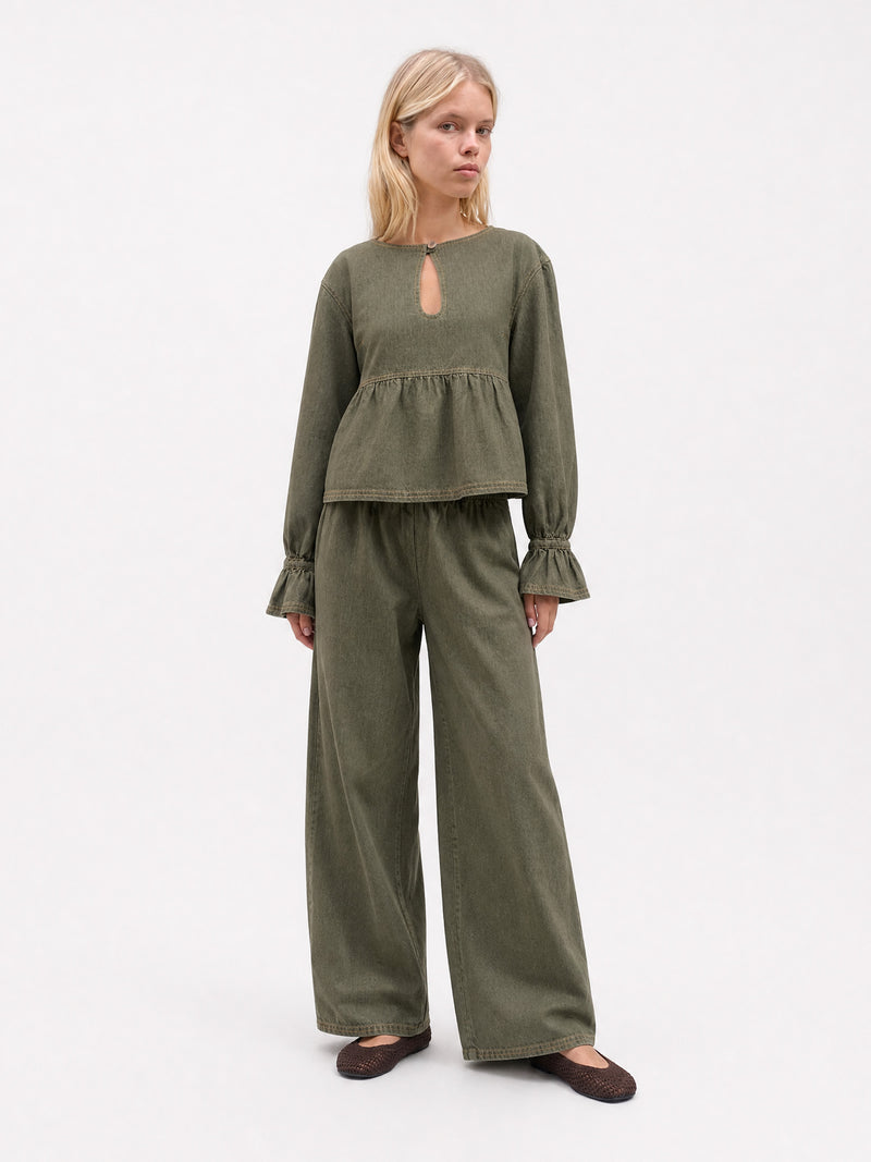 Olive Starlit Denim Peplum Blouse