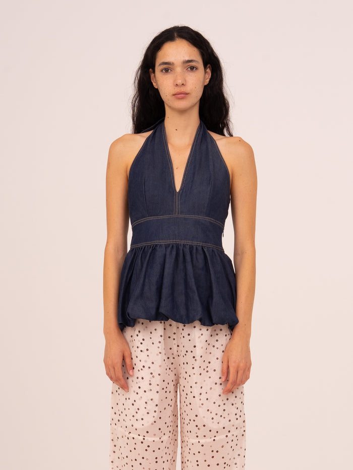 Denim Fawn Balloon Halter Top 