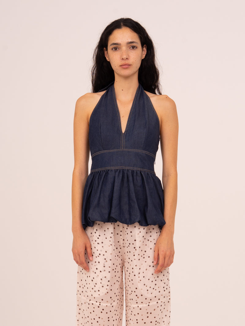 Denim Fawn Balloon Halter Top