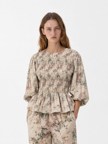 Flower Automne Floral Smocked Peplum Blouse