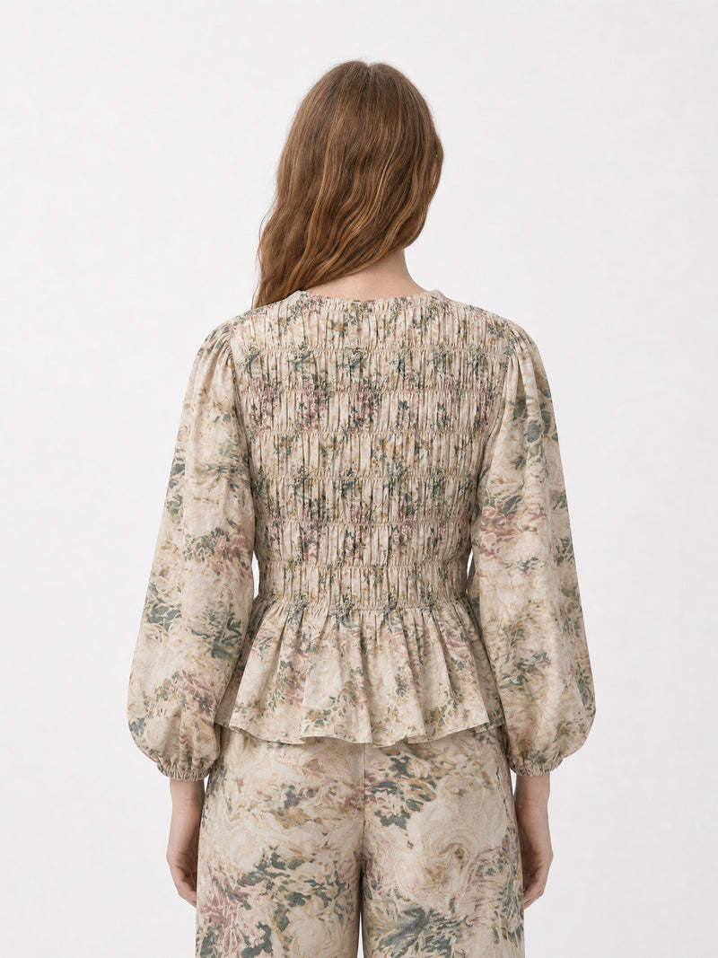 Flower Automne Floral Smocked Peplum Blouse