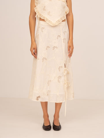 Sunlit Cream Embroidered Midi Skirt