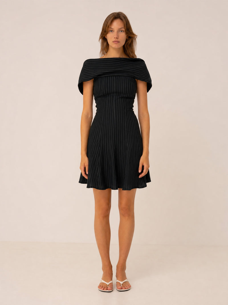 Midnight Blue Striped Off Shoulder Mini Dress
