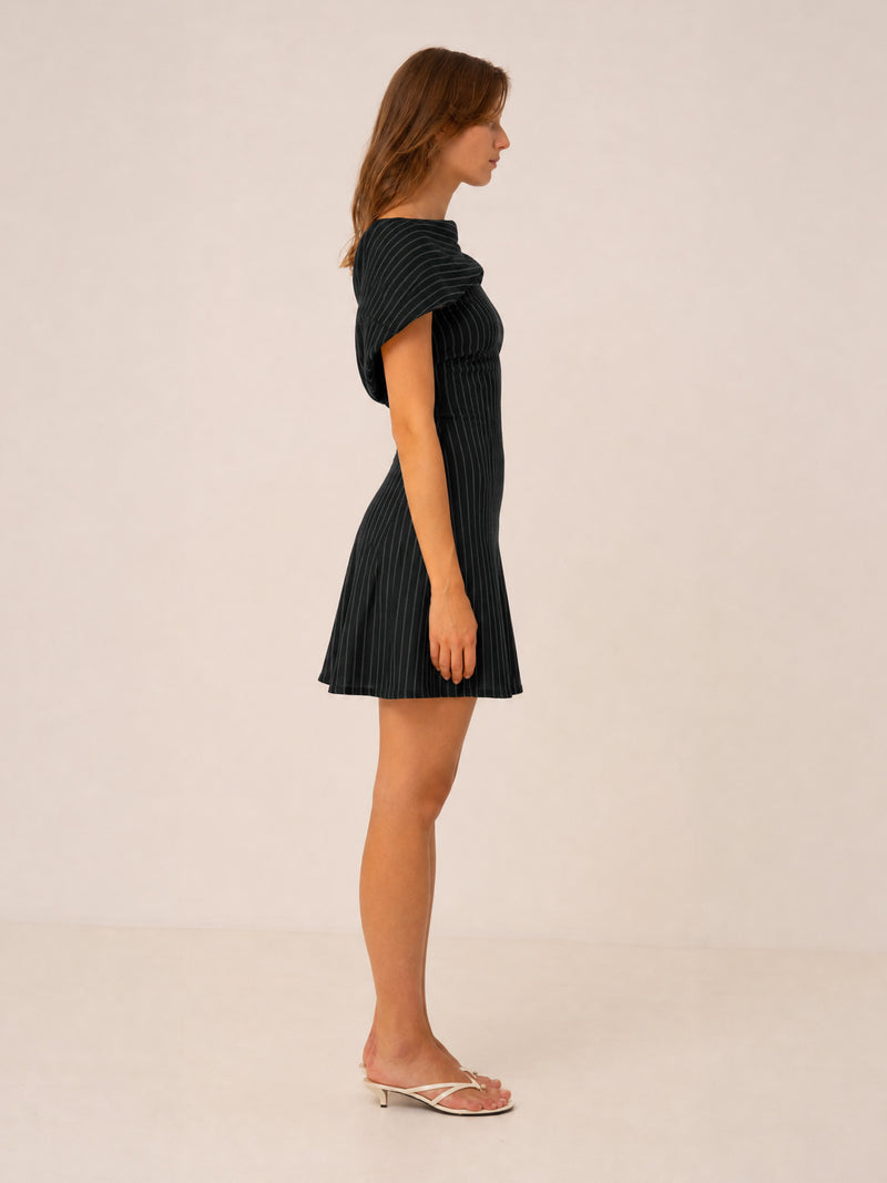 Midnight Blue Striped Off Shoulder Mini Dress