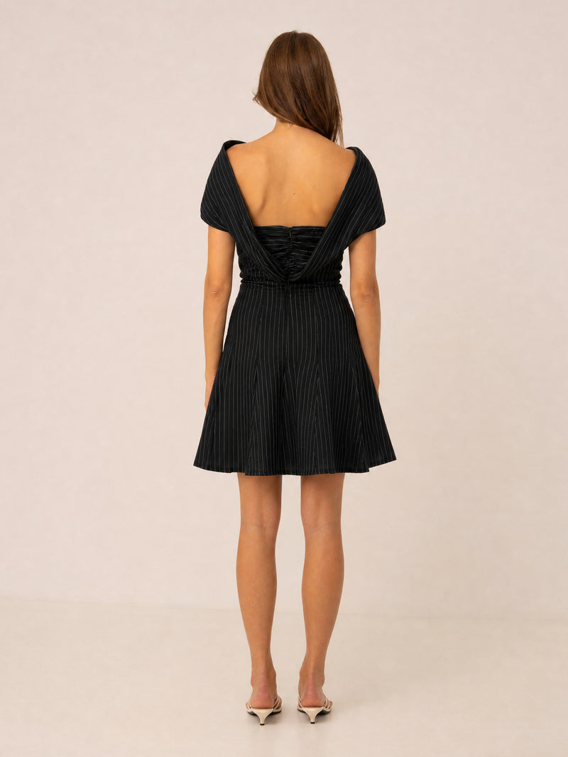 Midnight Blue Striped Off Shoulder Mini Dress