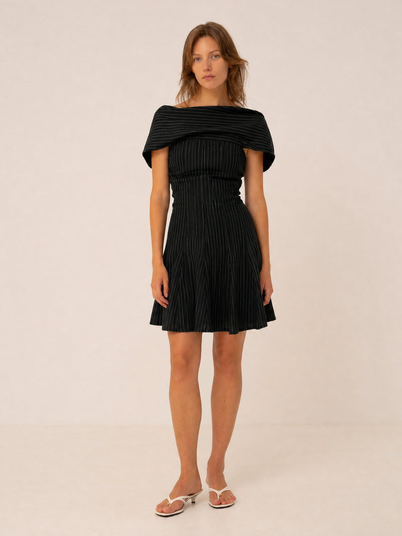 Midnight Blue Striped Off Shoulder Mini Dress