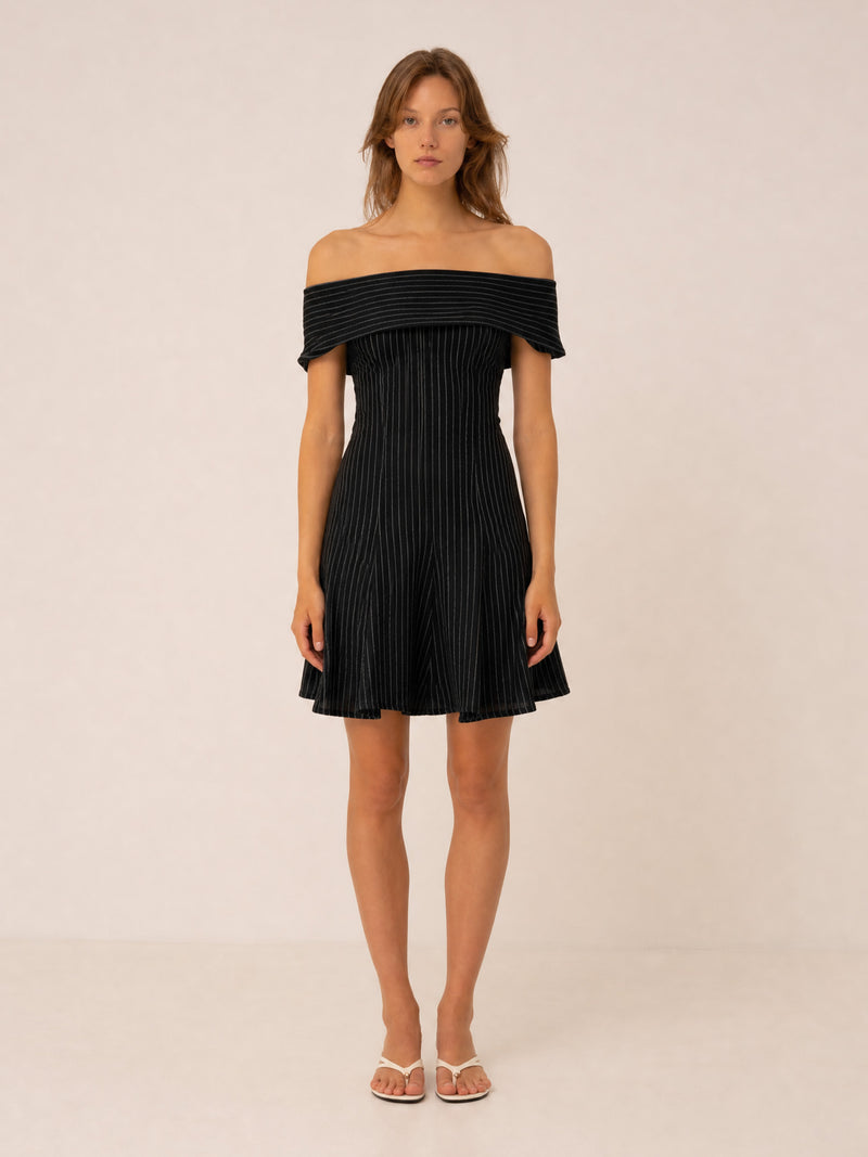 Midnight Blue Striped Off Shoulder Mini Dress