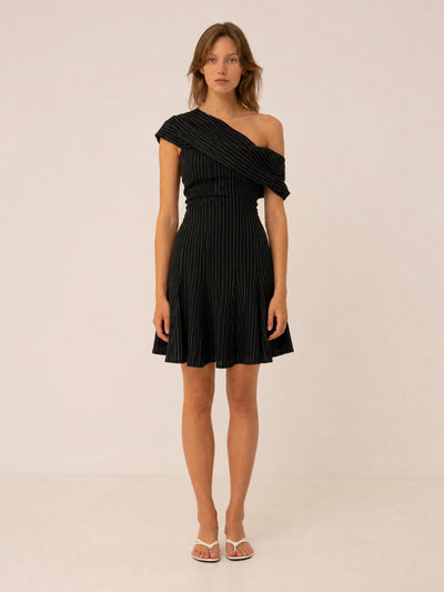 Midnight Blue Striped Off Shoulder Mini Dress