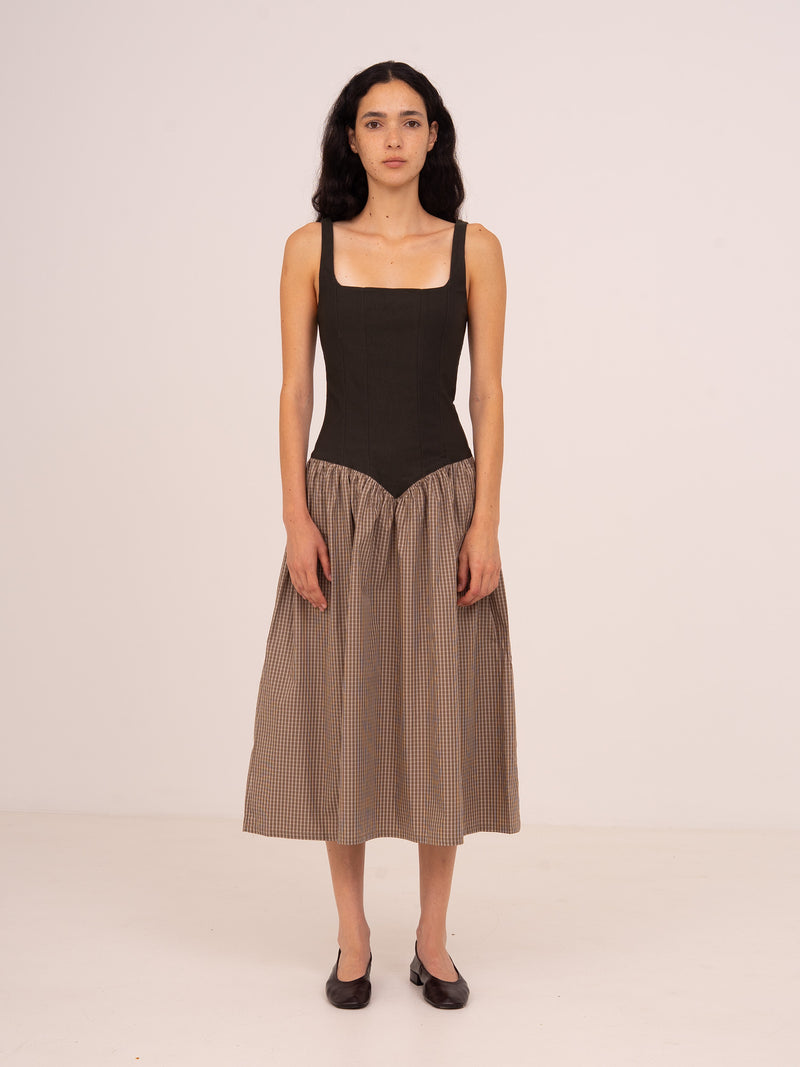 Rove Contrast Bodice Brown Plaid Midi Dress