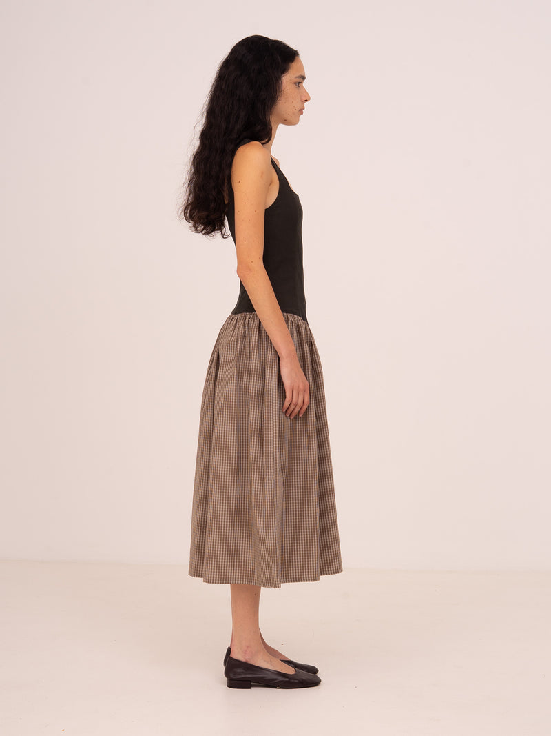Rove Contrast Bodice Brown Plaid Midi Dress