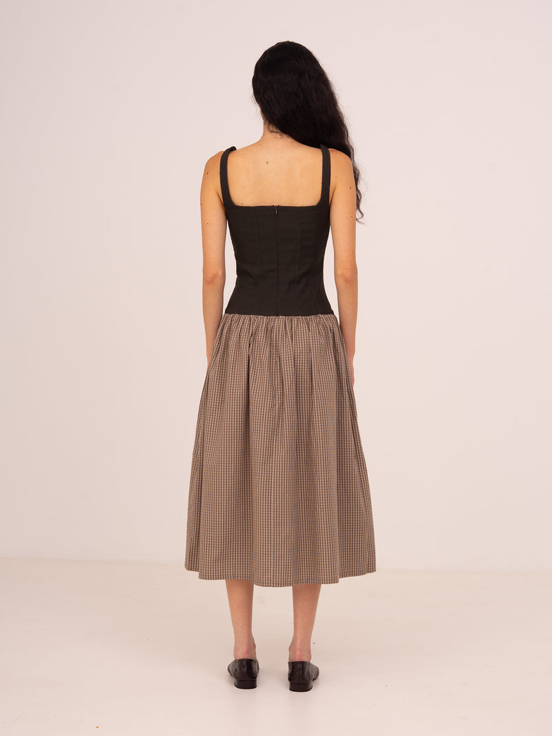 Rove Contrast Bodice Brown Plaid Midi Dress