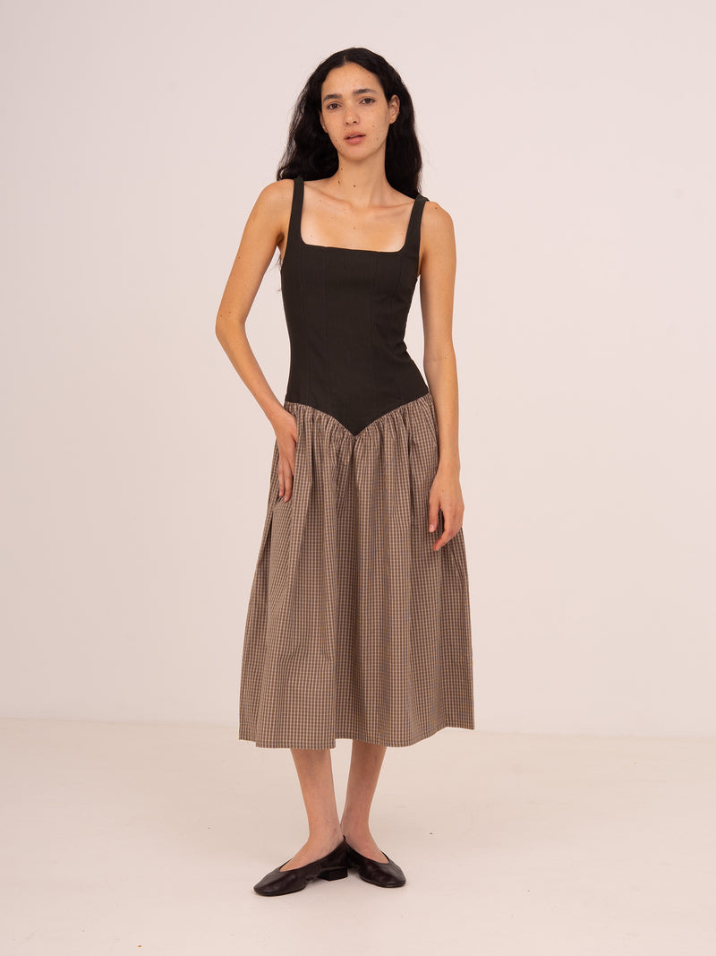 Rove Contrast Bodice Brown Plaid Midi Dress
