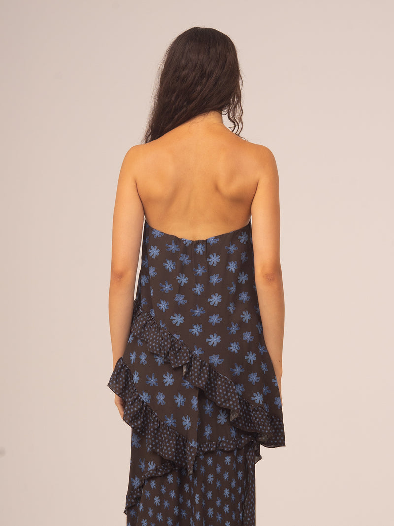 Palma Flower Print Strapless Asymmetric Top