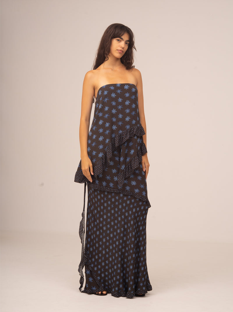 Palma Flower Print Strapless Asymmetric Top