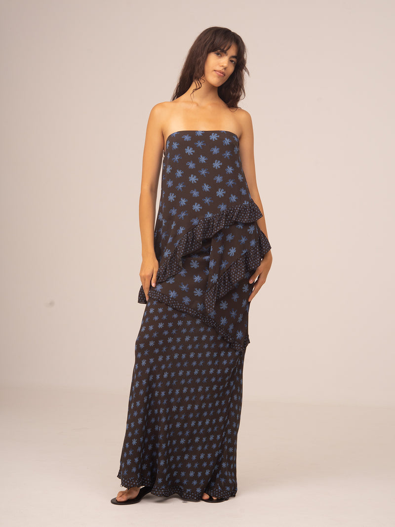 Palma Flower Print Strapless Asymmetric Top