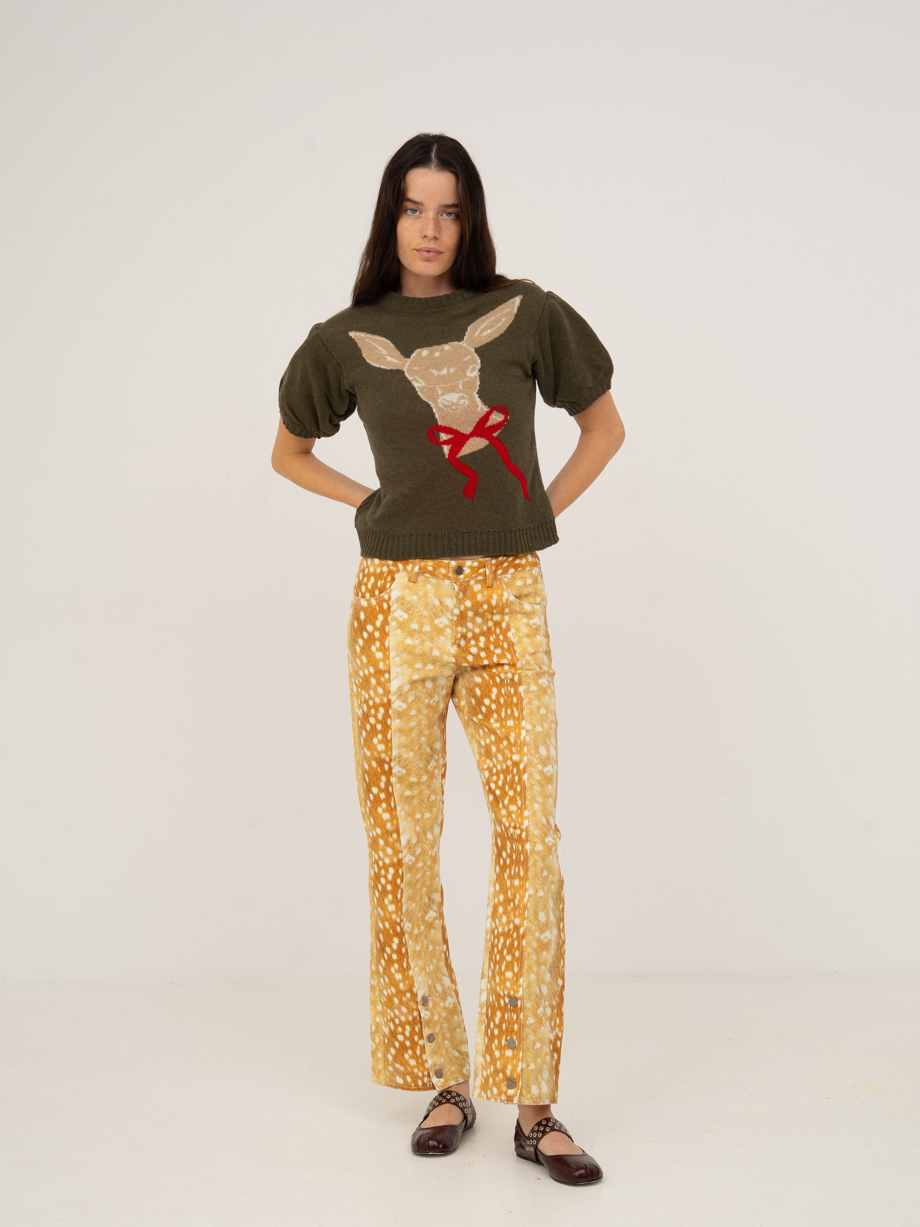 Deer Print Knit Puff Sleeve Jumper top