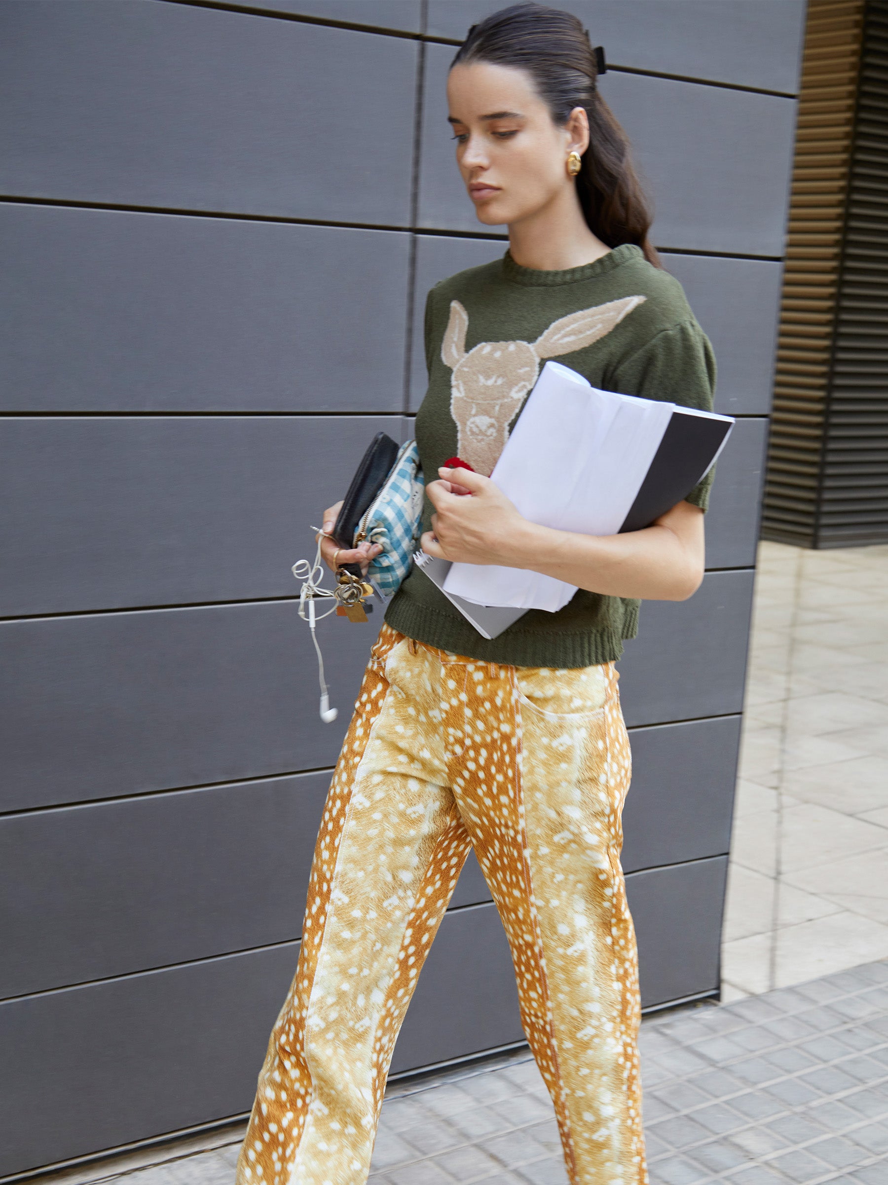 Deer Print Knit Puff Sleeve Jumper top