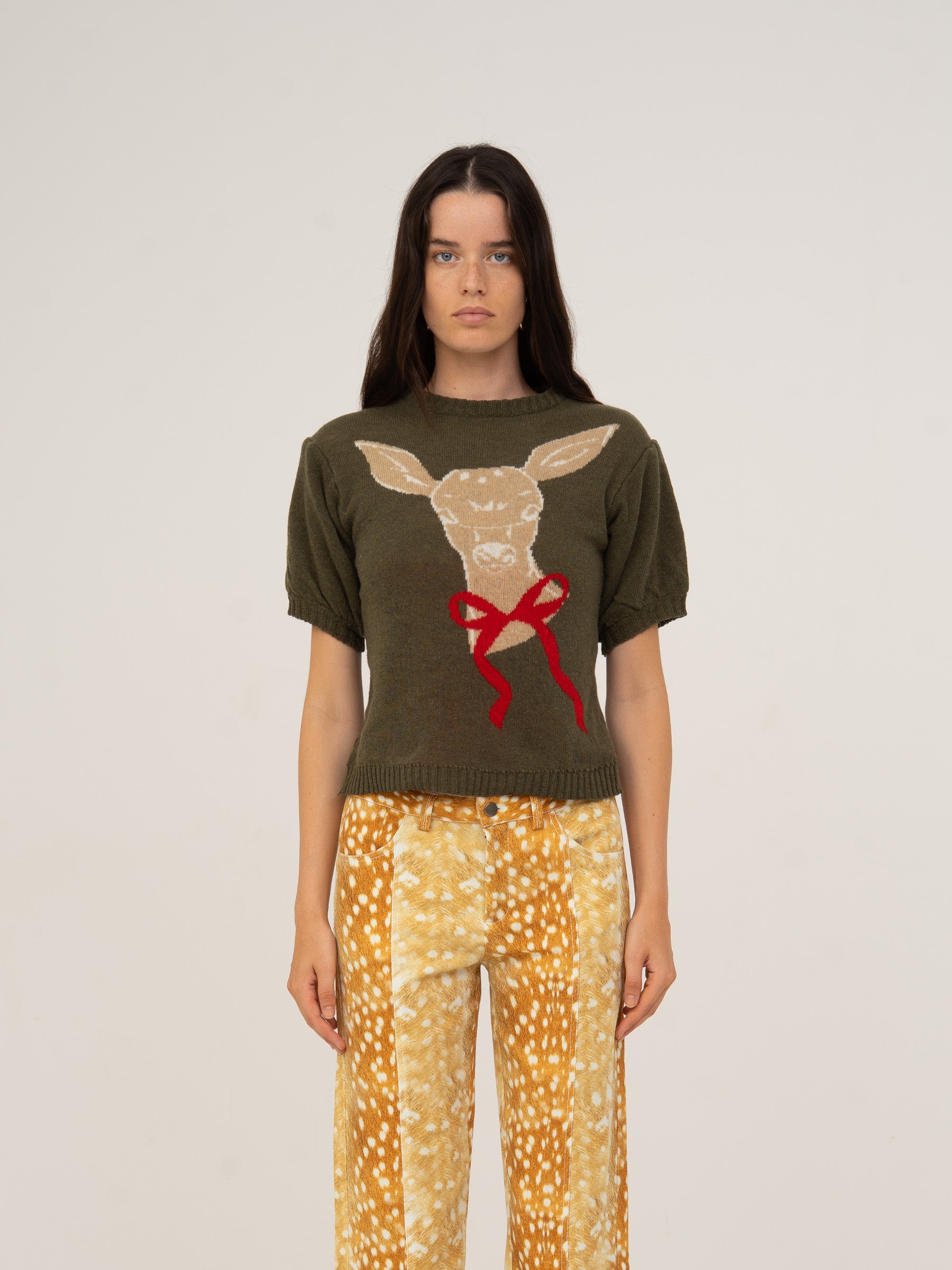 Deer Print Knit Puff Sleeve Jumper top