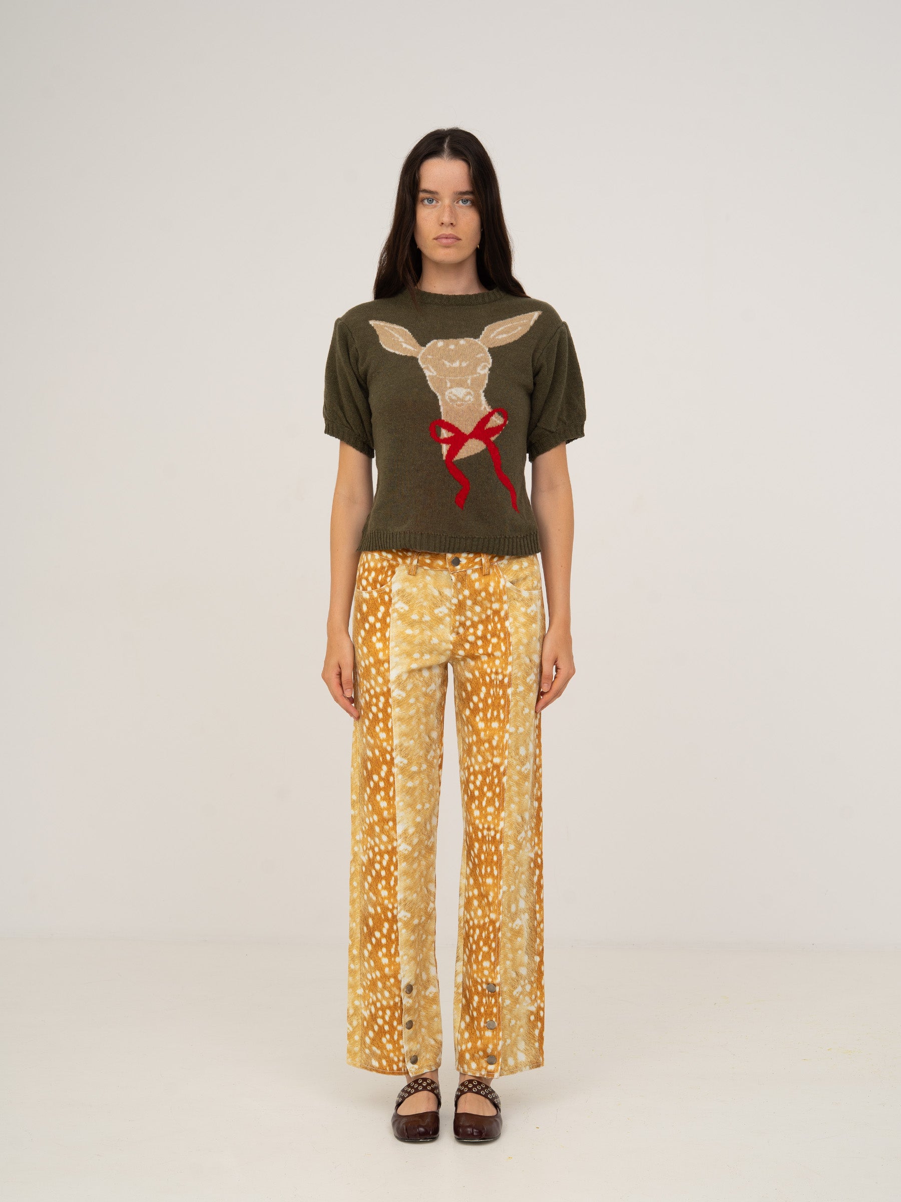 Deer Print Knit Puff Sleeve Jumper top