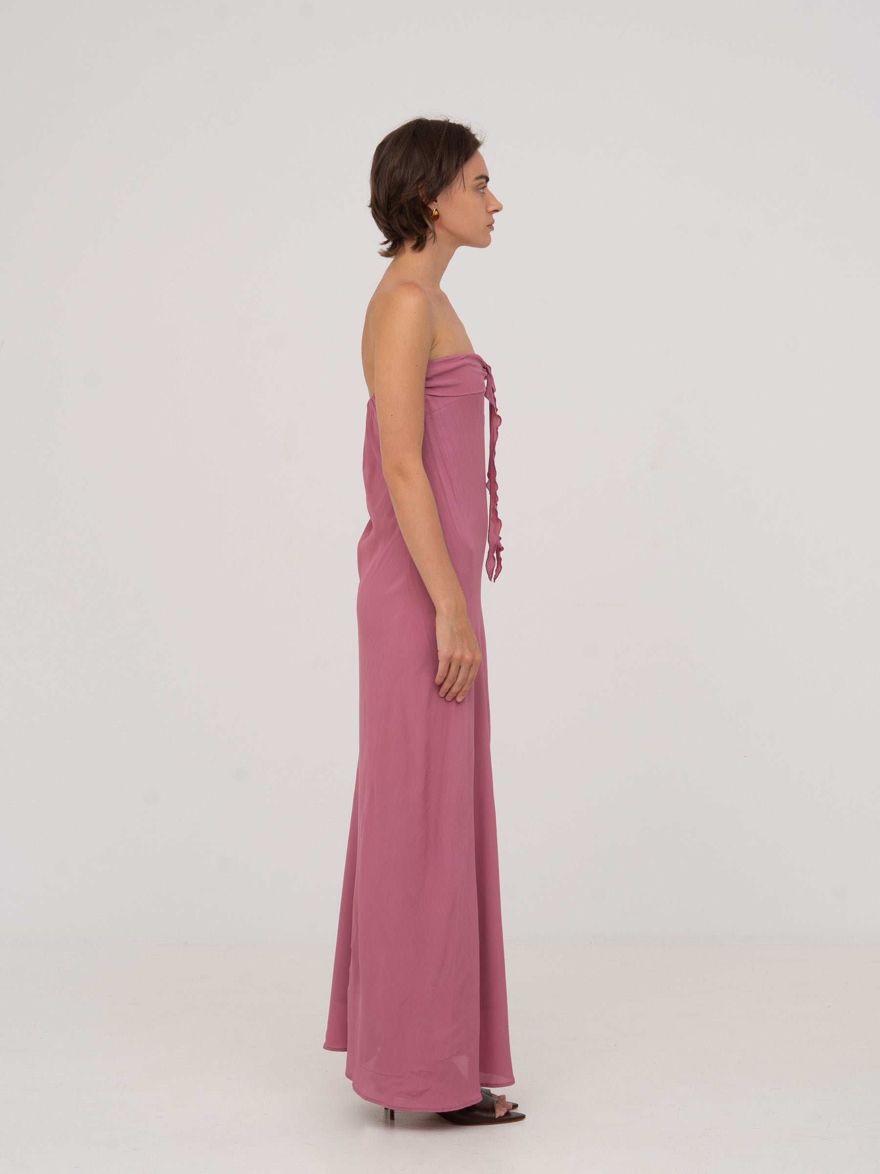 Pink strapless long dress with ruffles | CARMEN SAYS Pink strapless long dress with ruffles | CARMEN SAYS