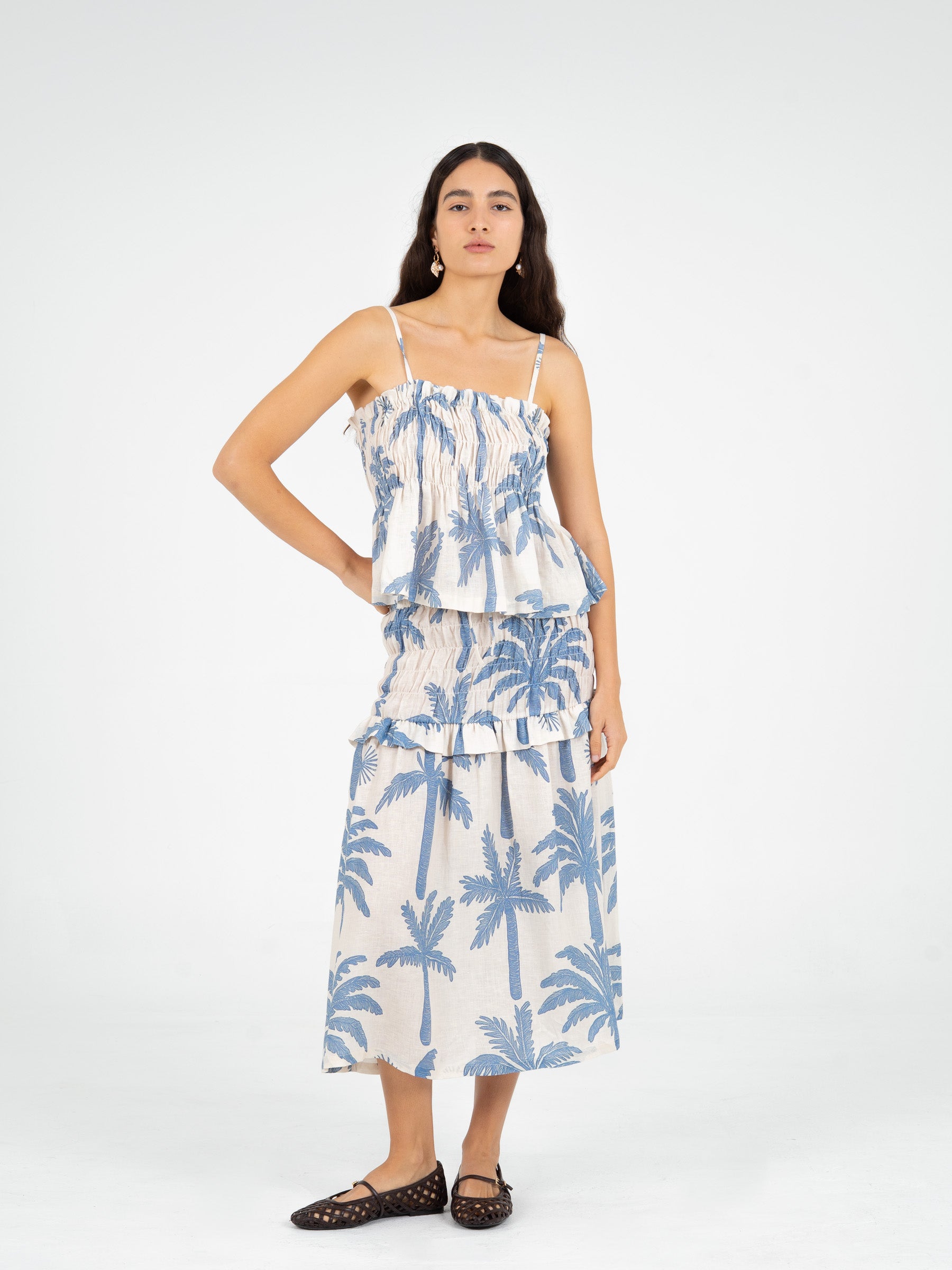 Elios Palm-Printed Smocked Linen Midi Skirt falda