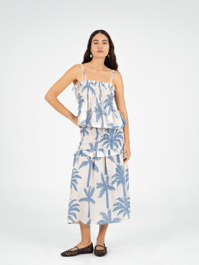 Elios Palm-Printed Smocked Linen Midi Skirt falda
