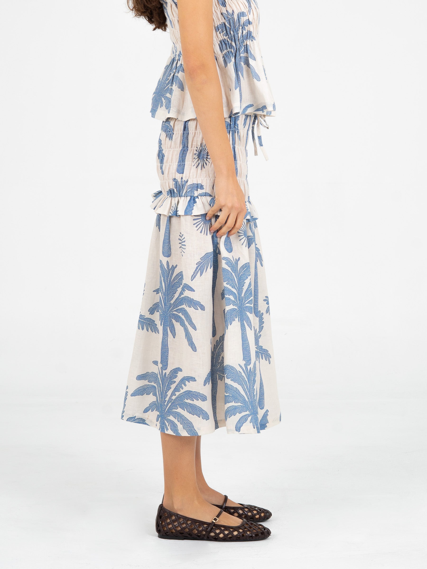 Elios Palm-Printed Smocked Linen Midi Skirt falda