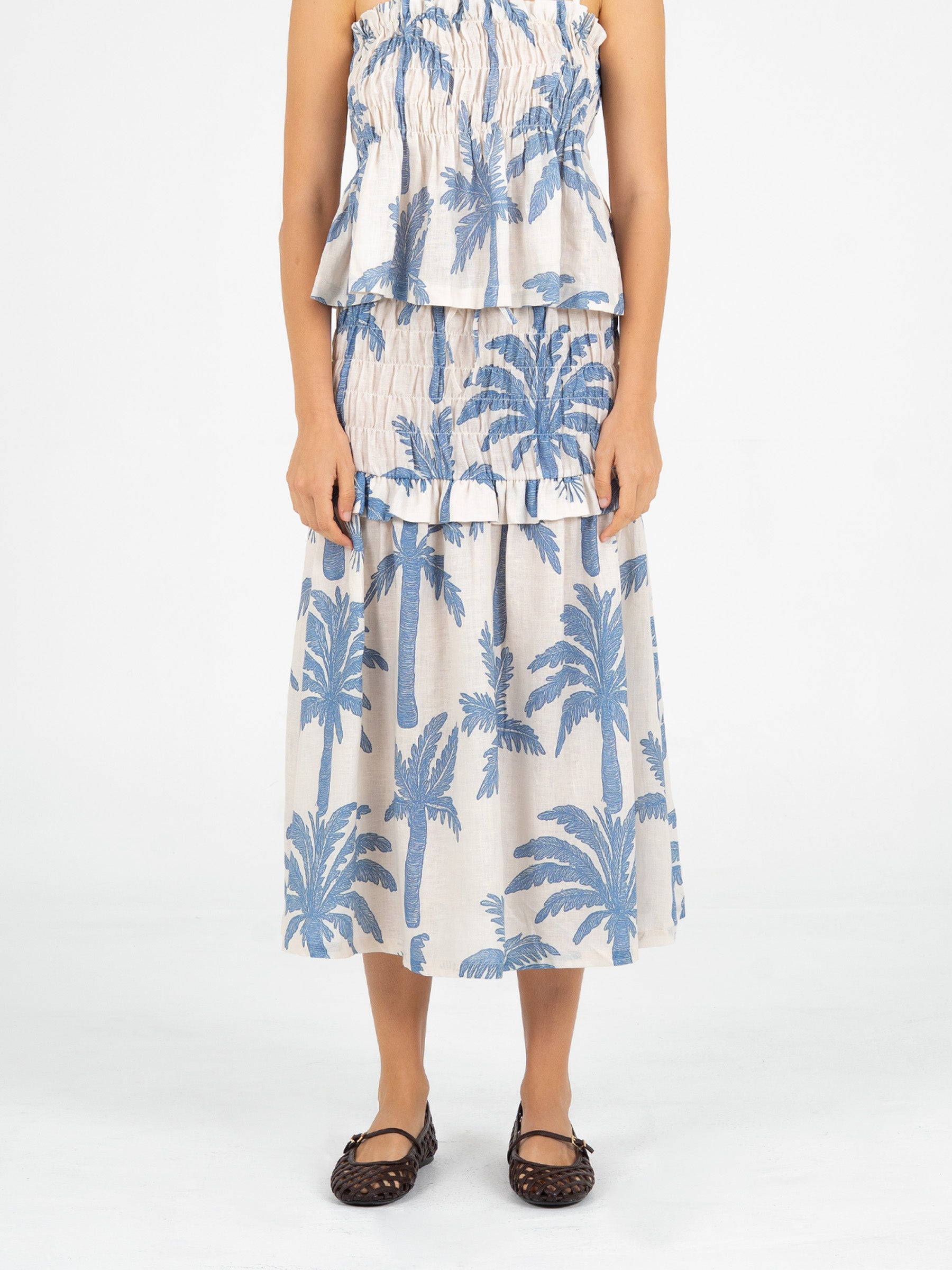 Elios Palm-Printed Smocked Linen Midi Skirt falda
