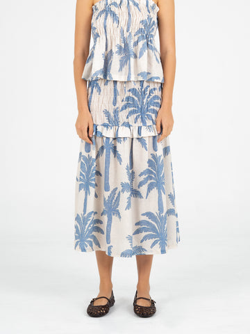Elios Palm-Printed Smocked Linen Midi Skirt
