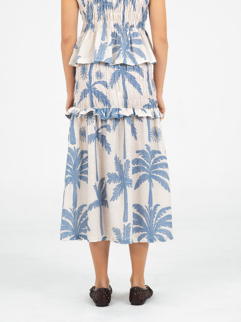 Elios Palm-Printed Smocked Linen Midi Skirt falda