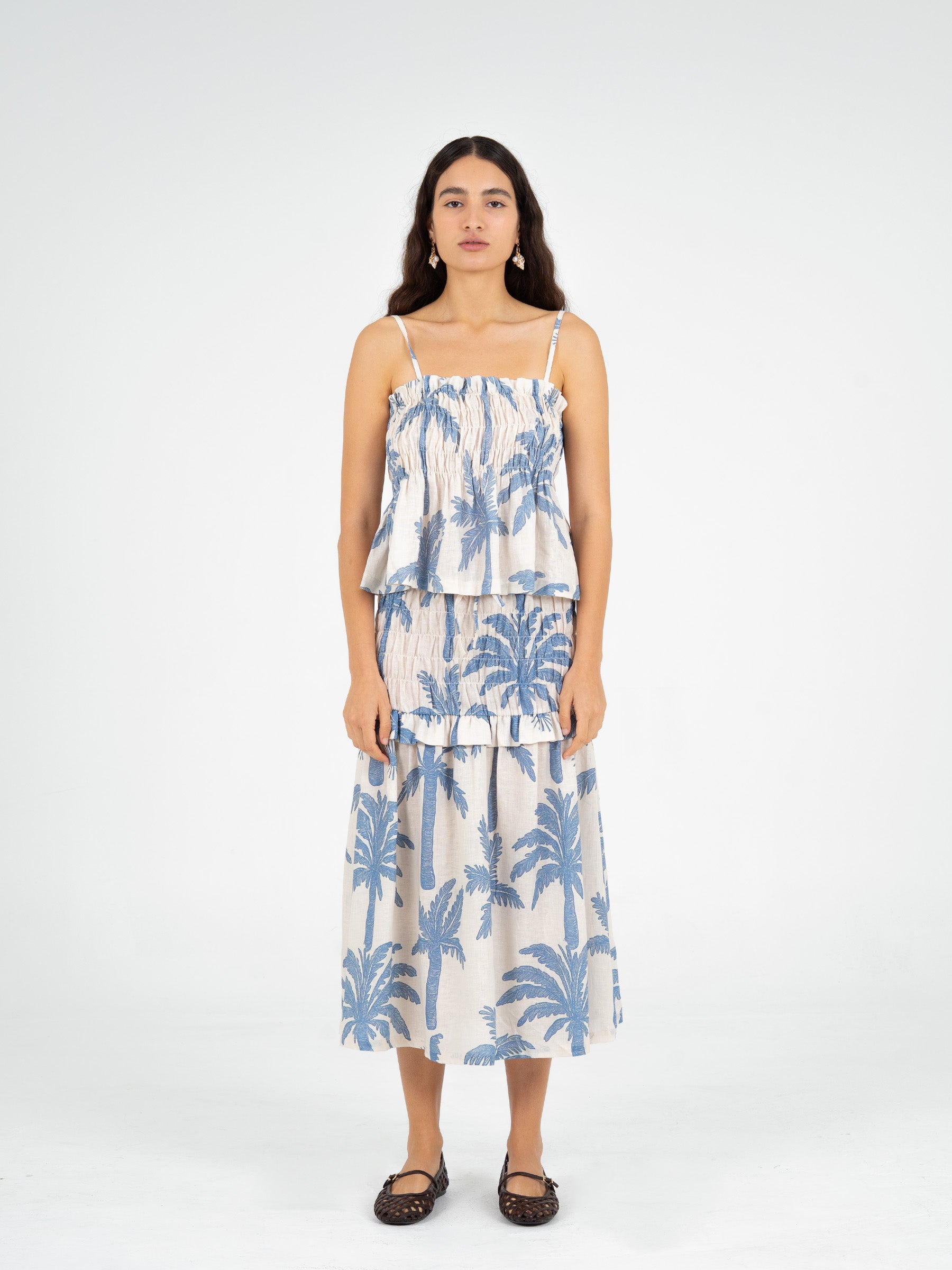 Elios Palm-Printed Smocked Top top