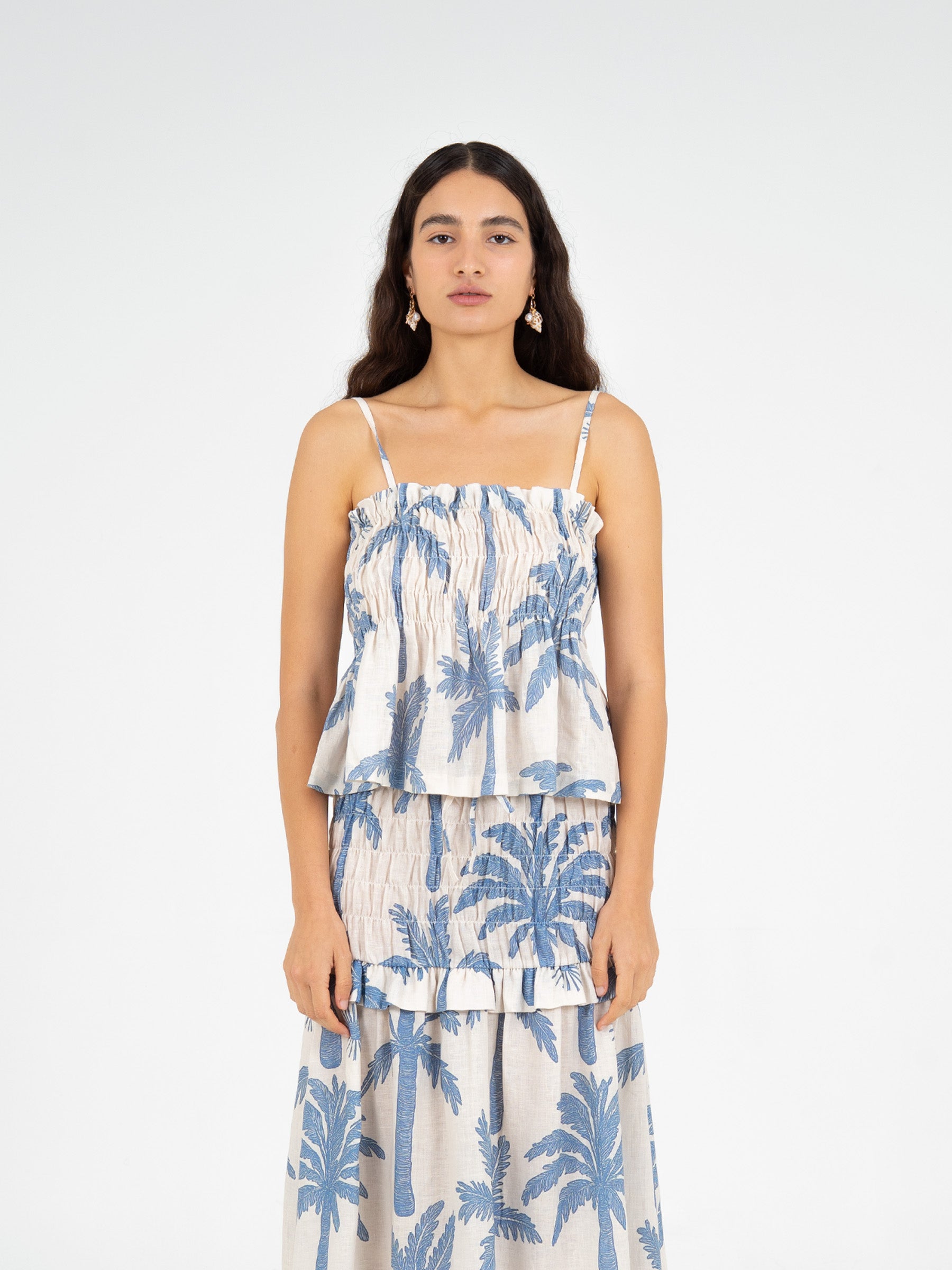 Elios Palm-Printed Smocked Top top