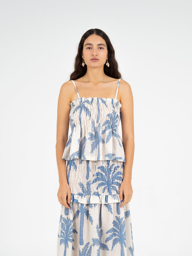Elios Palm-Printed Smocked Top top